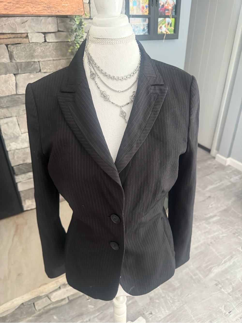 Ann Taylor Black Pinstripe Fitted Blazer